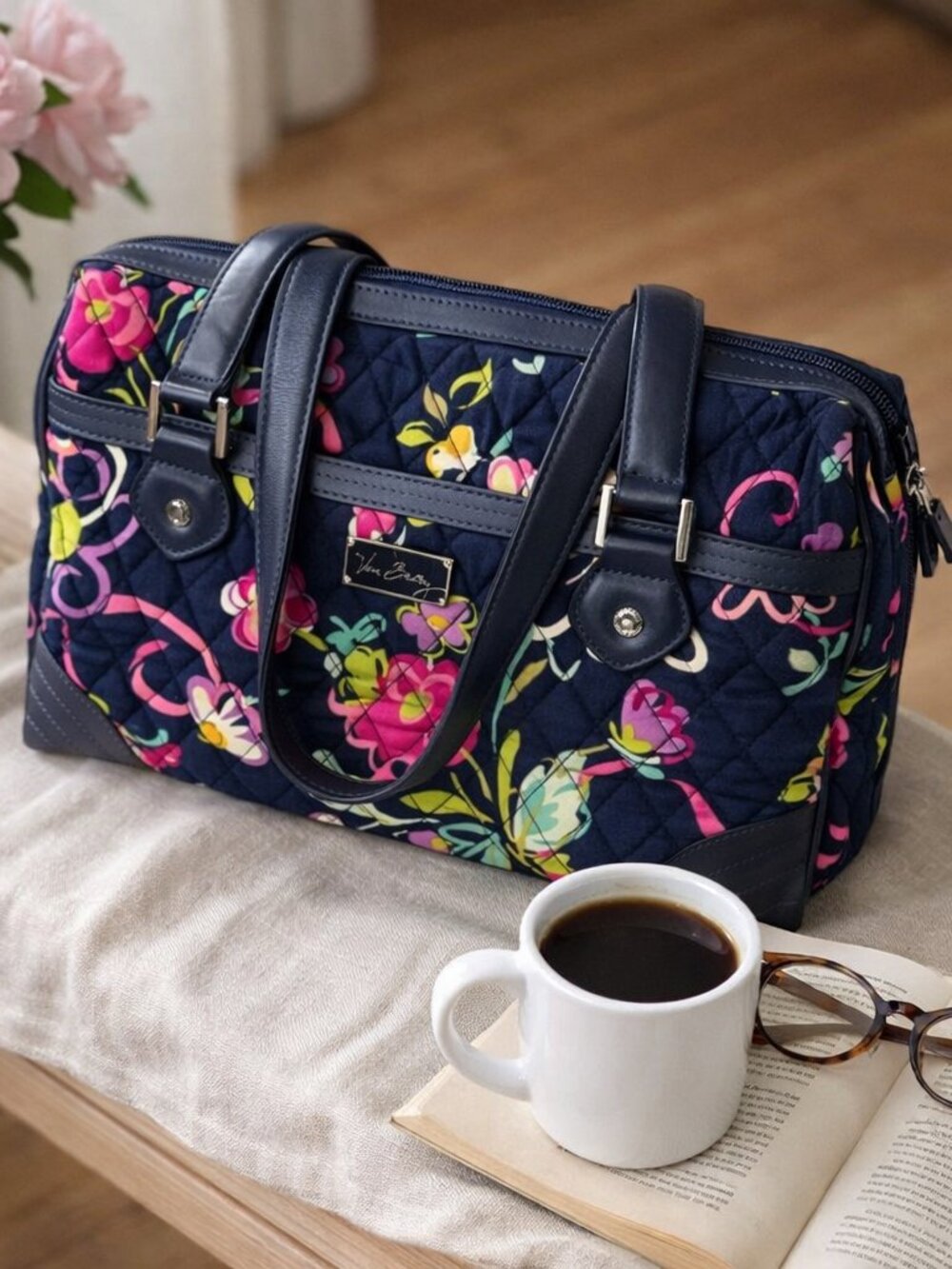 Vera Bradley Caroline Ribbons Navy Floral Quilted Satchel Purse Retired Print